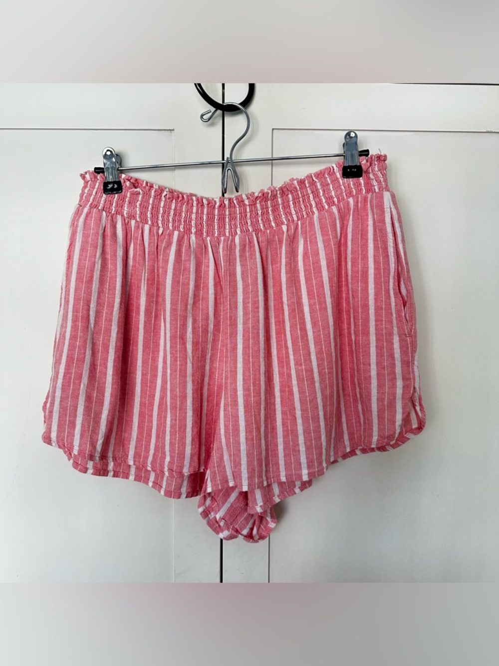 Aerie Linen Blend Striped Shorts Pockets Size L Pink White Beach Coastal Resort